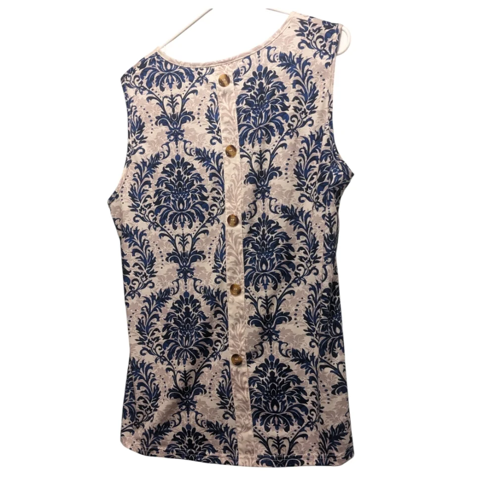 💥 Blue and Beige Sleeveless Top Decorated Buttons on Back XL - Picture 2 of 2